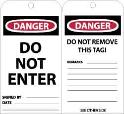 NMC - 3" High x 6" Long, DANGER - DO NOT ENTER, English Safety & Facility Lockout Tag - Tag Header: Danger, 2 Sides, Black, Red & White Unrippable Vinyl - Eagle Tool & Supply