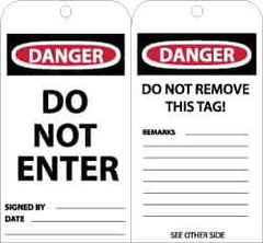 NMC - 3" High x 6" Long, DANGER - DO NOT ENTER, English Safety & Facility Lockout Tag - Tag Header: Danger, 2 Sides, Black, Red & White Unrippable Vinyl - Eagle Tool & Supply