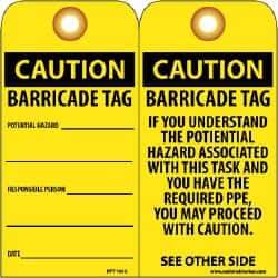 NMC - 3" High x 6" Long, CAUTION - BARRICADE TAG, English Safety & Facility Accident Prevention Tag - Tag Header: CAUTION, 2 Sides, Black & Yellow Unrippable Vinyl - Eagle Tool & Supply
