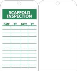 NMC - 3" High x 6" Long, SCAFFOLD INSPECTION, English Safety & Facility Inspection Tag - Tag Header: Notice, 1 Side, Green & White Unrippable Vinyl - Eagle Tool & Supply