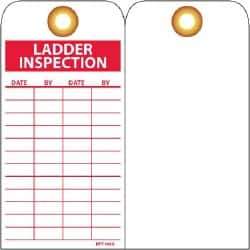 NMC - 3" High x 6" Long, LADDER INSPECTION, English Safety & Facility Inspection Tag - Tag Header: Danger, 1 Side, Red & White Unrippable Vinyl - Eagle Tool & Supply