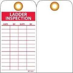 NMC - 3" High x 6" Long, LADDER INSPECTION, English Safety & Facility Inspection Tag - Tag Header: Danger, 1 Side, Red & White Unrippable Vinyl - Eagle Tool & Supply