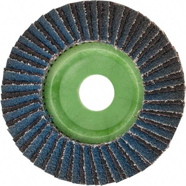 Norton - 40 Grit, 4-1/2" Disc Diam, 7/8" Center Hole, Type 27 Ceramic Alumina Flap Disc - 13,300 Max RPM, Polyester Backing, Arbor Attaching System, Coated - Eagle Tool & Supply