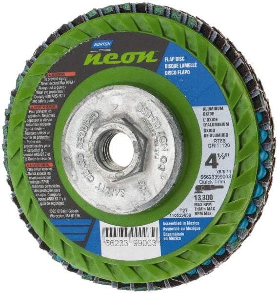 Norton - 120 Grit, 4-1/2" Disc Diam, 5/8-11 Center Hole, Type 27 Ceramic Alumina Flap Disc - 13,300 Max RPM, Polyester Backing, Arbor Attaching System, Coated - Eagle Tool & Supply