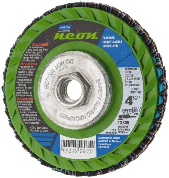 Norton - 60 Grit, 4-1/2" Disc Diam, 5/8-11 Center Hole, Type 27 Ceramic Alumina Flap Disc - 13,300 Max RPM, Polyester Backing, Arbor Attaching System, Coated - Eagle Tool & Supply