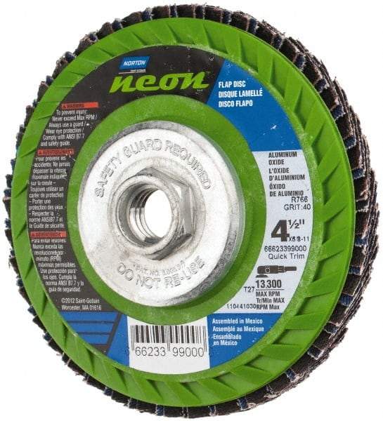 Norton - 40 Grit, 4-1/2" Disc Diam, 5/8-11 Center Hole, Type 27 Ceramic Alumina Flap Disc - 13,300 Max RPM, Polyester Backing, Arbor Attaching System, Coated - Eagle Tool & Supply
