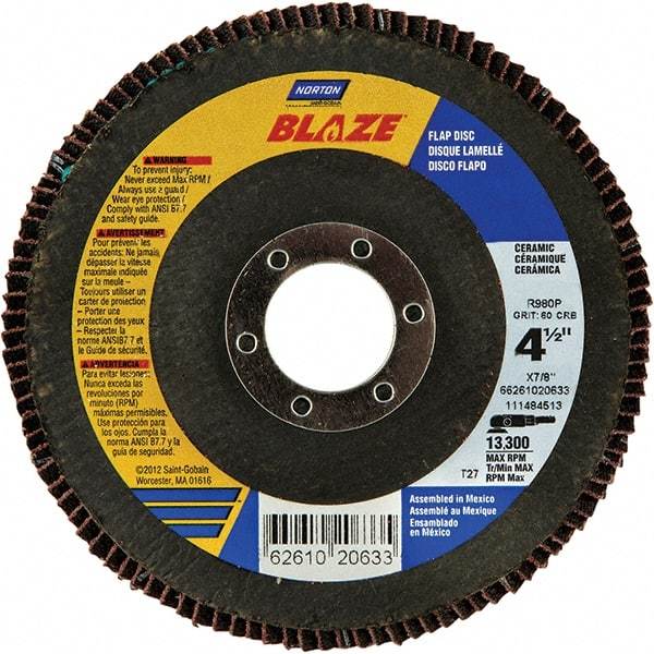 Norton - 80 Grit, 4-1/2" Disc Diam, 7/8" Center Hole, Type 27 Ceramic Alumina Flap Disc - 13,000 Max RPM, Cloth Backing, Arbor Attaching System, Coated - Eagle Tool & Supply