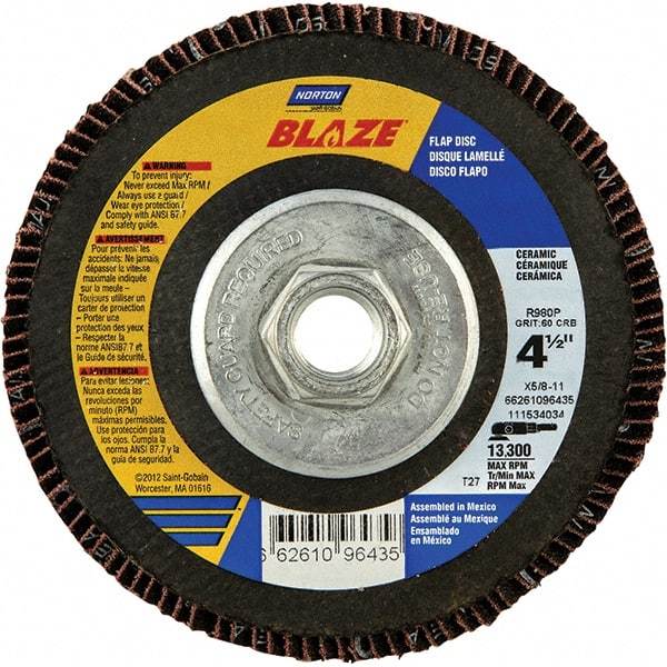 Norton - 36 Grit, 4-1/2" Disc Diam, 5/8-11 Center Hole, Type 27 Ceramic Alumina Flap Disc - 13,000 Max RPM, Cloth Backing, Arbor Attaching System, Coated - Eagle Tool & Supply