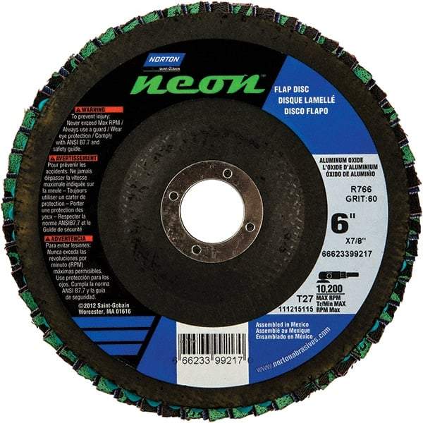 Norton - 40 Grit, 6" Disc Diam, 7/8" Center Hole, Type 27 Ceramic Alumina Flap Disc - 10,200 Max RPM, Polyester Backing, Arbor Attaching System, Coated - Eagle Tool & Supply