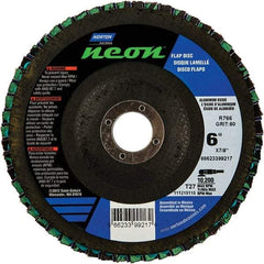Norton - 40 Grit, 6" Disc Diam, 7/8" Center Hole, Type 27 Ceramic Alumina Flap Disc - 10,200 Max RPM, Polyester Backing, Arbor Attaching System, Coated - Eagle Tool & Supply