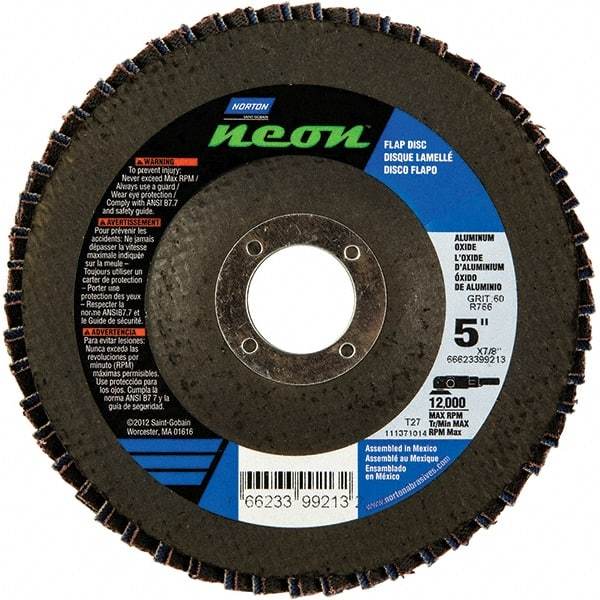 Norton - 40 Grit, 5" Disc Diam, 7/8" Center Hole, Type 27 Ceramic Alumina Flap Disc - 12,000 Max RPM, Polyester Backing, Arbor Attaching System, Coated - Eagle Tool & Supply
