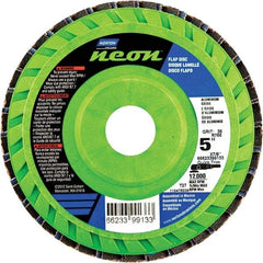 Norton - 36 Grit, 5" Disc Diam, 7/8" Center Hole, Type 27 Ceramic Alumina Flap Disc - 12,000 Max RPM, Polyester Backing, Arbor Attaching System, Coated - Eagle Tool & Supply