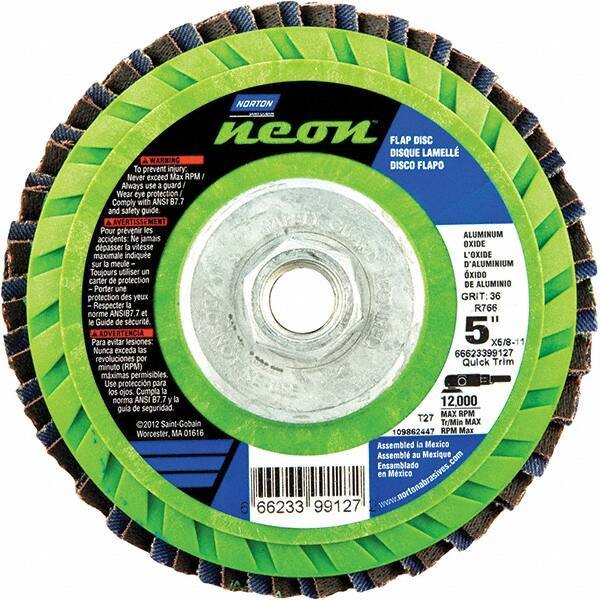 Norton - 60 Grit, 5" Disc Diam, 5/8-11 Center Hole, Type 27 Ceramic Alumina Flap Disc - 12,000 Max RPM, Polyester Backing, Arbor Attaching System, Coated - Eagle Tool & Supply