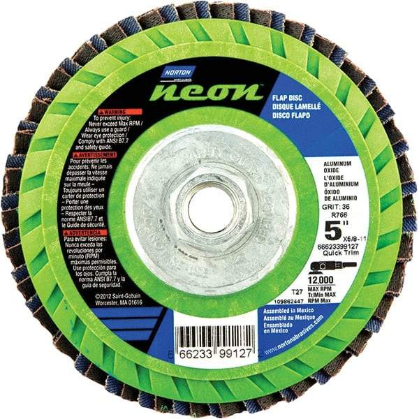 Norton - 36 Grit, 5" Disc Diam, 5/8-11 Center Hole, Type 27 Ceramic Alumina Flap Disc - 12,000 Max RPM, Polyester Backing, Arbor Attaching System, Coated - Eagle Tool & Supply