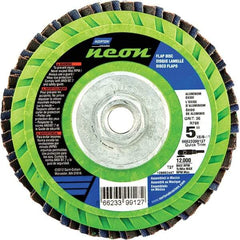 Norton - 36 Grit, 5" Disc Diam, 5/8-11 Center Hole, Type 27 Ceramic Alumina Flap Disc - 12,000 Max RPM, Polyester Backing, Arbor Attaching System, Coated - Eagle Tool & Supply