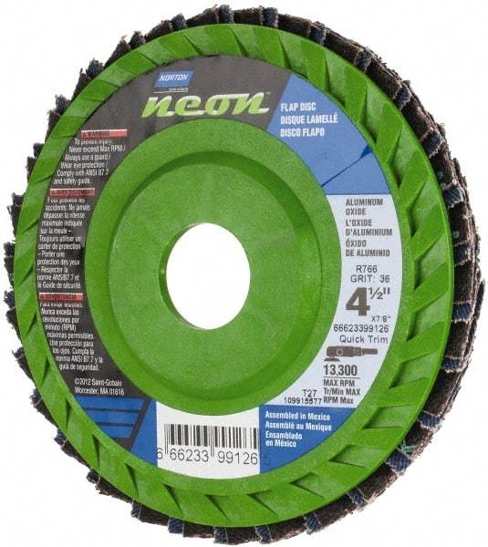 Norton - 36 Grit, 4-1/2" Disc Diam, 7/8" Center Hole, Type 27 Ceramic Alumina Flap Disc - 13,300 Max RPM, Polyester Backing, Arbor Attaching System, Coated - Eagle Tool & Supply