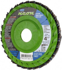 Norton - 36 Grit, 4-1/2" Disc Diam, 7/8" Center Hole, Type 27 Ceramic Alumina Flap Disc - 13,300 Max RPM, Polyester Backing, Arbor Attaching System, Coated - Eagle Tool & Supply