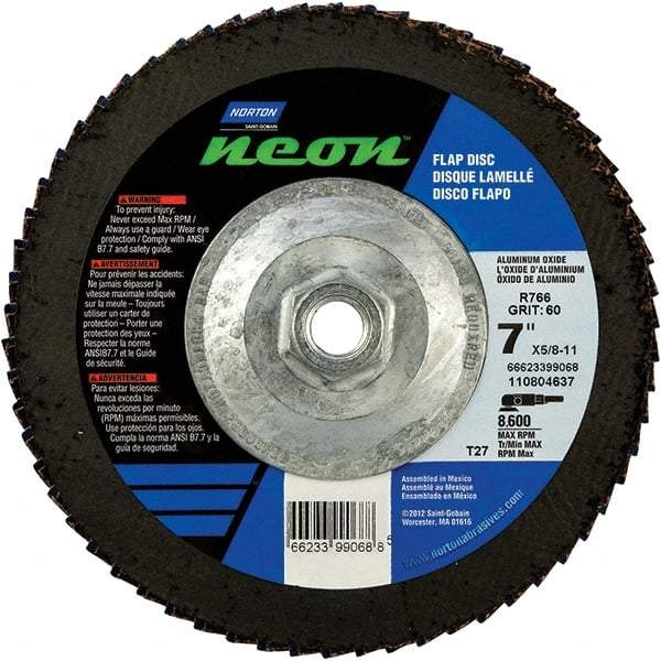 Norton - 80 Grit, 7" Disc Diam, 5/8-11 Center Hole, Type 27 Ceramic Alumina Flap Disc - 8,600 Max RPM, Polyester Backing, Arbor Attaching System, Coated - Eagle Tool & Supply