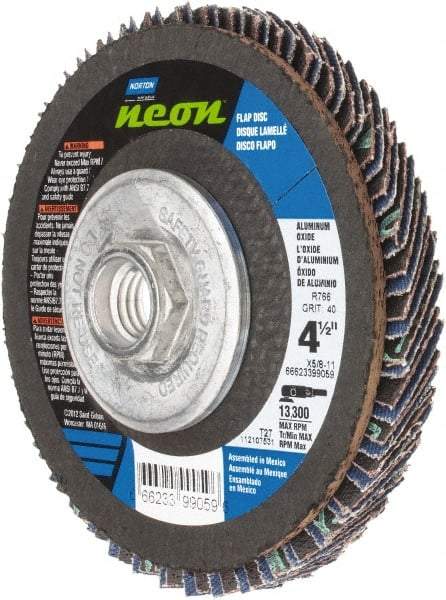 Norton - 40 Grit, 4-1/2" Disc Diam, 5/8-11 Center Hole, Type 27 Ceramic Alumina Flap Disc - 13,300 Max RPM, Polyester Backing, Arbor Attaching System, Coated - Eagle Tool & Supply