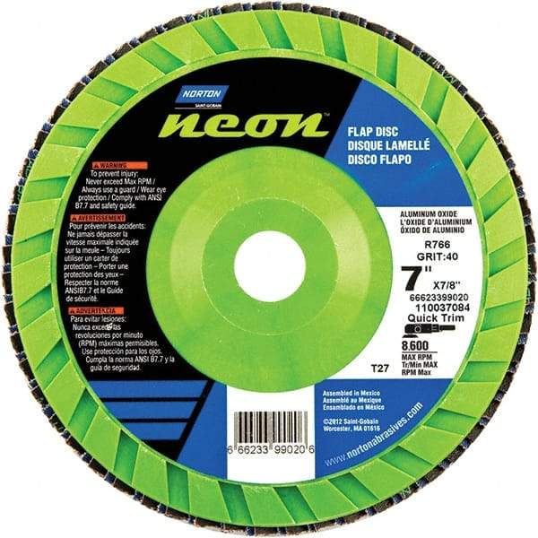 Norton - 120 Grit, 7" Disc Diam, 7/8" Center Hole, Type 27 Ceramic Alumina Flap Disc - 8,600 Max RPM, Polyester Backing, Arbor Attaching System, Coated - Eagle Tool & Supply