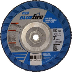 Norton - 36 Grit, 7" Disc Diam, 5/8-11 Center Hole, Type 27 Zirconia Alumina Flap Disc - 8,600 Max RPM, Cloth Backing, Arbor Attaching System, Coated - Eagle Tool & Supply