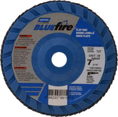Norton - 36 Grit, 7" Disc Diam, 7/8" Center Hole, Type 27 Zirconia Alumina Flap Disc - 8,600 Max RPM, Cloth Backing, Arbor Attaching System, Coated - Eagle Tool & Supply