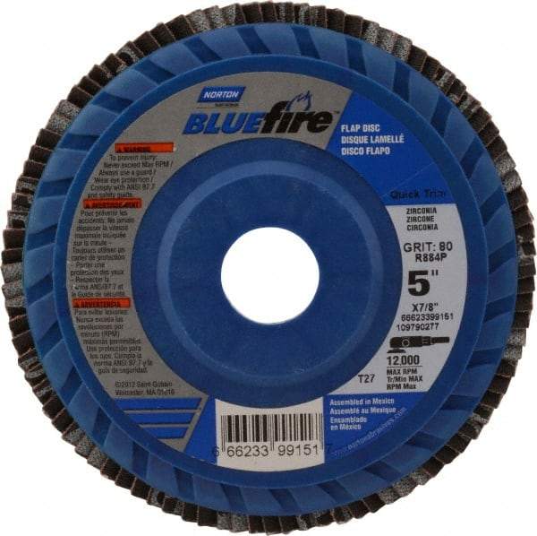 Norton - 80 Grit, 5" Disc Diam, 7/8" Center Hole, Type 27 Zirconia Alumina Flap Disc - 12,000 Max RPM, Cloth Backing, Arbor Attaching System, Coated - Eagle Tool & Supply