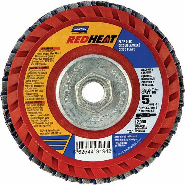 Norton - 40 Grit, 5" Disc Diam, 5/8-11 Center Hole, Type 27 Ceramic Alumina Flap Disc - 12,000 Max RPM, Cloth Backing, Arbor Attaching System, Coated - Eagle Tool & Supply