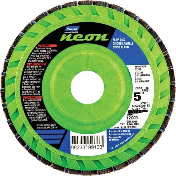 Norton - 60 Grit, 5" Disc Diam, 7/8" Center Hole, Type 27 Ceramic Alumina Flap Disc - 12,000 Max RPM, Polyester Backing, Arbor Attaching System, Coated - Eagle Tool & Supply