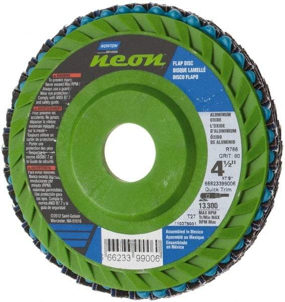 Norton - 80 Grit, 4-1/2" Disc Diam, 7/8" Center Hole, Type 27 Ceramic Alumina Flap Disc - 13,300 Max RPM, Polyester Backing, Arbor Attaching System, Coated - Eagle Tool & Supply
