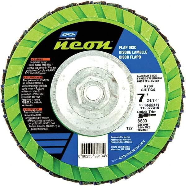 Norton - 60 Grit, 7" Disc Diam, 5/8-11 Center Hole, Type 27 Ceramic Alumina Flap Disc - 8,600 Max RPM, Polyester Backing, Arbor Attaching System, Coated - Eagle Tool & Supply