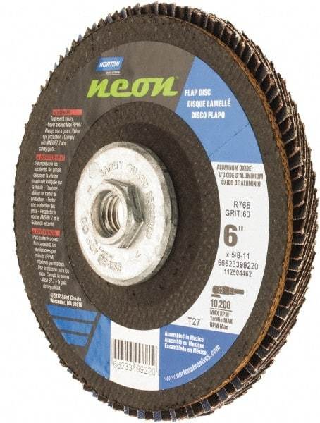Norton - 60 Grit, 6" Disc Diam, 5/8-11 Center Hole, Type 27 Ceramic Alumina Flap Disc - 10,200 Max RPM, Polyester Backing, Arbor Attaching System, Coated - Eagle Tool & Supply