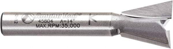 Amana Tool - 1/2" Cut Diam, 1/2" Length of Cut, 2 Flute Dovetail Edge Profile Router Bit - Carbide-Tipped, 1/4" Shank Diam, 1-3/4" OAL, Uncoated - Eagle Tool & Supply