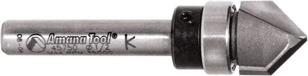 Amana Tool - 1/2" Cut Diam, 1/2" Length of Cut, 2 Flute V-Groove Edge Profile Router Bit - Carbide-Tipped, 1/4" Shank Diam, 2" OAL, Uncoated - Eagle Tool & Supply