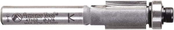 Amana Tool - 3/8" Cut Diam, 1/2" Length of Cut, 2 Flute Flush Trim Edge Profile Router Bit - Carbide-Tipped, 1/4" Shank Diam, 2-1/8" OAL, Uncoated - Eagle Tool & Supply