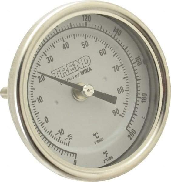 Wika - 2-1/2 Inch Long Stem, 3 Inch Dial Diameter, Stainless Steel, Back Connected Bi-Metal Thermometer - -15 to 90°C, 1% Accuracy - Eagle Tool & Supply