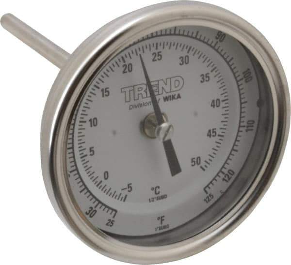 Wika - 4 Inch Long Stem, 3 Inch Dial Diameter, Stainless Steel, Back Connected Bi-Metal Thermometer - -5 to 50°C, 1% Accuracy - Eagle Tool & Supply