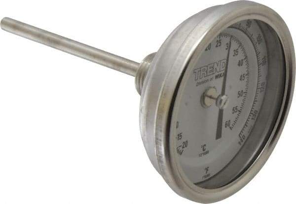 Wika - 4 Inch Long Stem, 3 Inch Dial Diameter, Stainless Steel, Back Connected Bi-Metal Thermometer - -20 to 60°C, 1% Accuracy - Eagle Tool & Supply