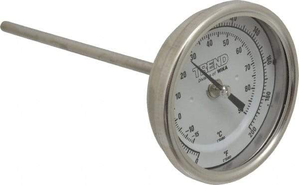 Wika - 6 Inch Long Stem, 3 Inch Dial Diameter, Stainless Steel, Back Connected Bi-Metal Thermometer - -15 to 90°C, 1% Accuracy - Eagle Tool & Supply