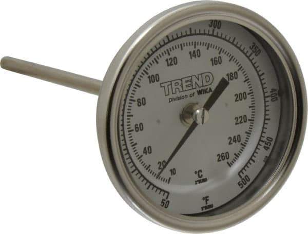 Wika - 6 Inch Long Stem, 3 Inch Dial Diameter, Stainless Steel, Back Connected Bi-Metal Thermometer - 10 to 260°C, 1% Accuracy - Eagle Tool & Supply