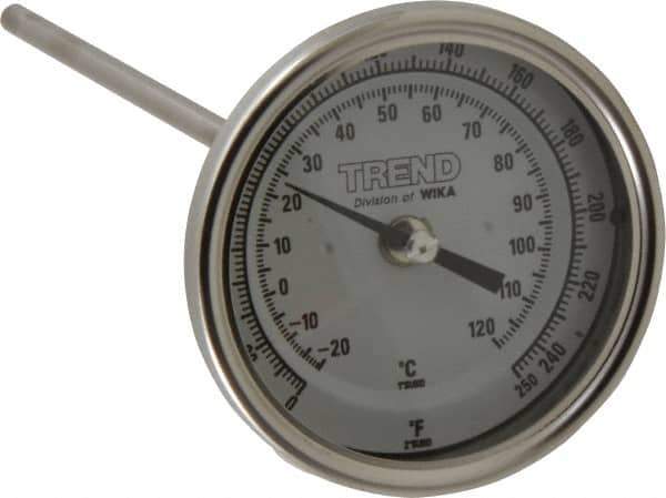 Wika - 9 Inch Long Stem, 3 Inch Dial Diameter, Stainless Steel, Back Connected Bi-Metal Thermometer - -20 to 120°C, 1% Accuracy - Eagle Tool & Supply