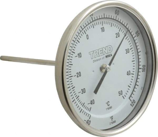 Wika - 6 Inch Long Stem, 5 Inch Dial Diameter, Stainless Steel, Back Connected Bi-Metal Thermometer - -40 to 50°C, 1% Accuracy - Eagle Tool & Supply