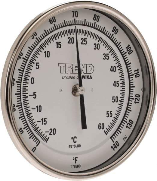 Wika - 6 Inch Long Stem, 5 Inch Dial Diameter, Stainless Steel, Back Connected Bi-Metal Thermometer - -20 to 60°C, 1% Accuracy - Eagle Tool & Supply