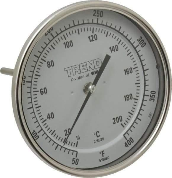 Wika - 6 Inch Long Stem, 5 Inch Dial Diameter, Stainless Steel, Back Connected Bi-Metal Thermometer - 10 to 200°C, 1% Accuracy - Eagle Tool & Supply