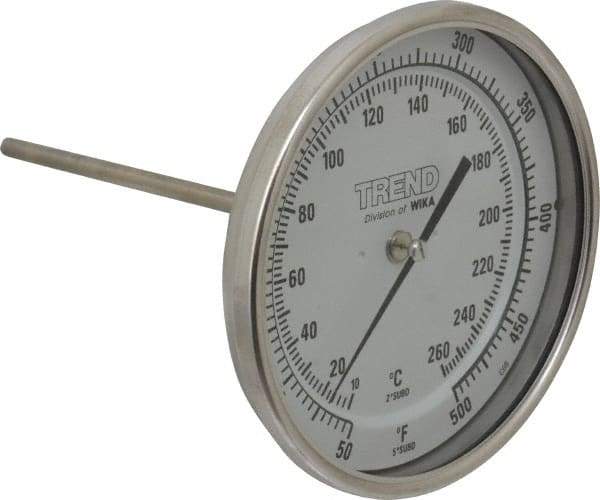 Wika - 6 Inch Long Stem, 5 Inch Dial Diameter, Stainless Steel, Back Connected Bi-Metal Thermometer - 10 to 260°C, 1% Accuracy - Eagle Tool & Supply