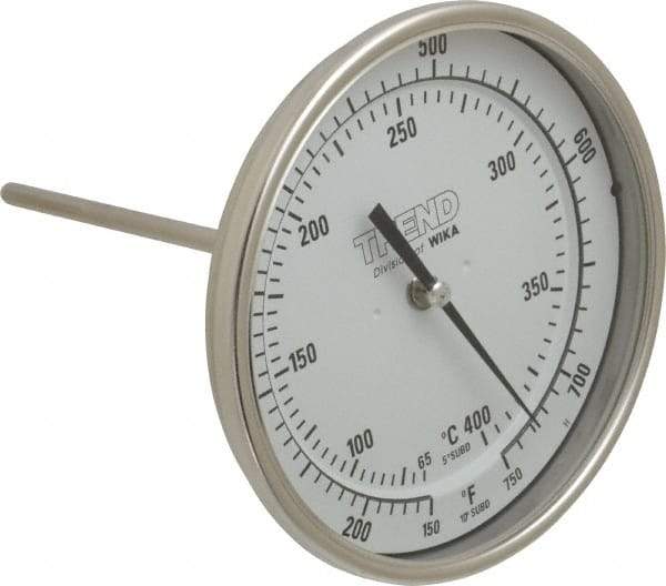 Wika - 6 Inch Long Stem, 5 Inch Dial Diameter, Stainless Steel, Back Connected Bi-Metal Thermometer - 65 to 400°C, 1% Accuracy - Eagle Tool & Supply