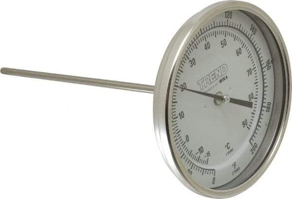 Wika - 9 Inch Long Stem, 5 Inch Dial Diameter, Stainless Steel, Back Connected Bi-Metal Thermometer - -15 to 90°C, 1% Accuracy - Eagle Tool & Supply