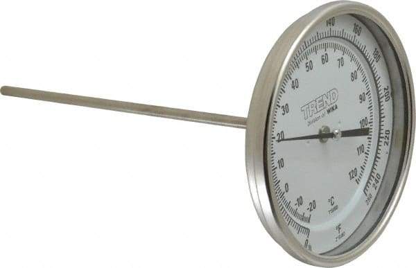 Wika - 9 Inch Long Stem, 5 Inch Dial Diameter, Stainless Steel, Back Connected Bi-Metal Thermometer - -20 to 120°C, 1% Accuracy - Eagle Tool & Supply