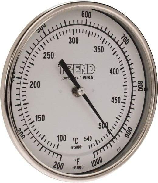 Wika - 9 Inch Long Stem, 5 Inch Dial Diameter, Stainless Steel, Back Connected Bi-Metal Thermometer - 100 to 540°C, 1% Accuracy - Eagle Tool & Supply