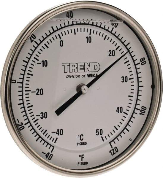 Wika - 4 Inch Long Stem, 5 Inch Dial Diameter, Stainless Steel, Back Connected Bi-Metal Thermometer - -40 to 50°C, 1% Accuracy - Eagle Tool & Supply